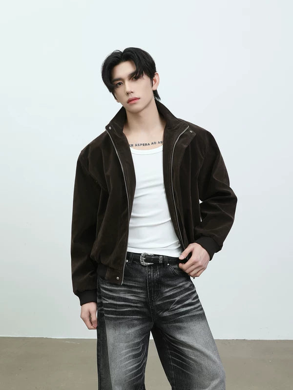 Faux Suede Stand Collar Harrington Jacket 2