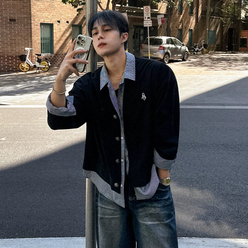 6208113298534,6208113298535,6208113298536,6208113298537,6208113298538, Faux Two-Piece Collared Button Jacket