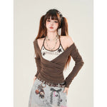 Faux Two-Piece Halter Long Sleeve Top 3