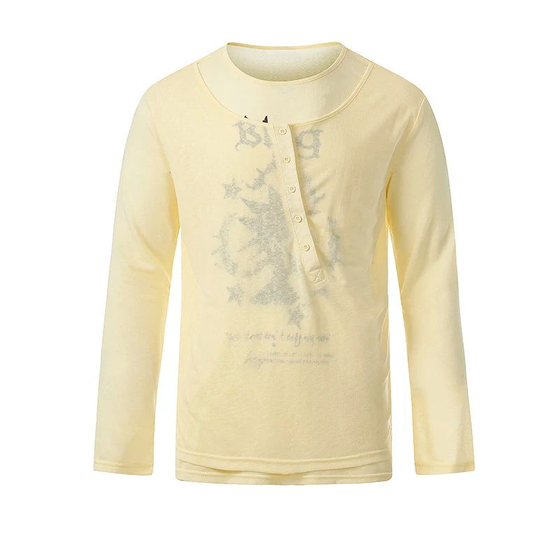 6035470512122,6035470512123,6035470512124,6035470512125, Faux Two-Piece Long Sleeve Graphic T-Shirt