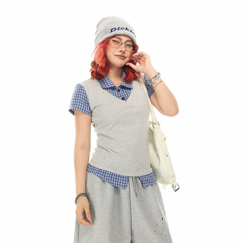 6032228852831,6032228852832,6032228852833, Faux Two-Piece Plaid Layered Shirt Top