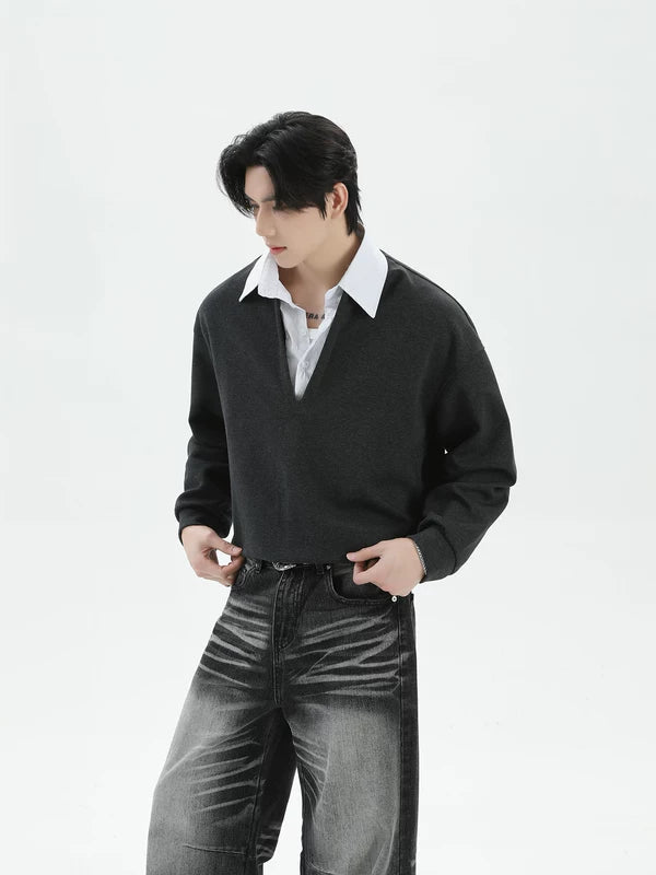 Faux Two-Piece Polo Collar Sweatshirt 2