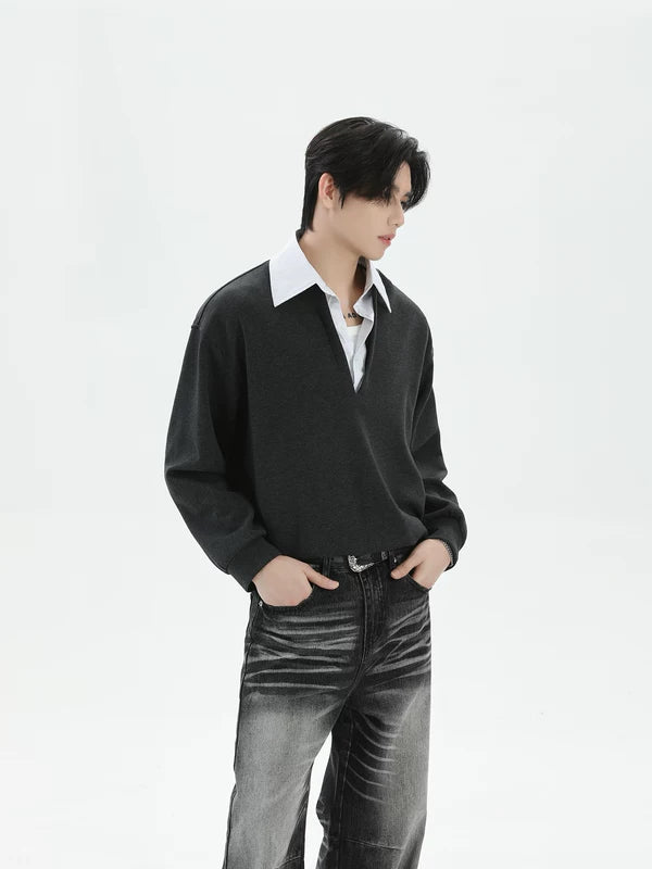 Faux Two-Piece Polo Collar Sweatshirt 4