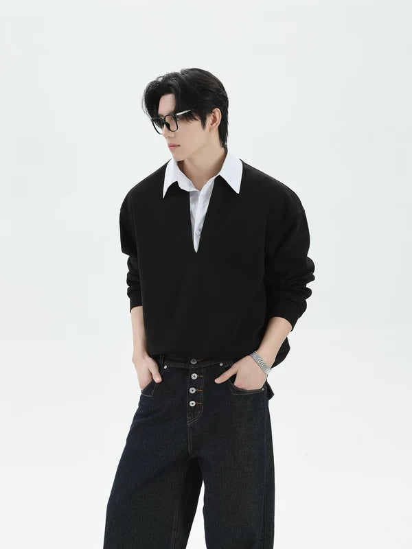 Faux Two-Piece Polo Collar Sweatshirt 5