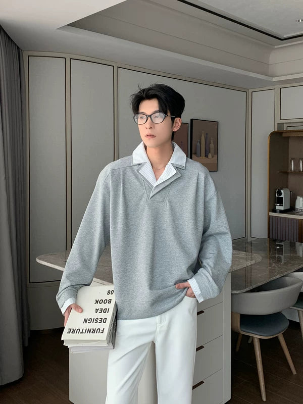 Faux Two-Piece Shirt Collar Sweatshirt 2