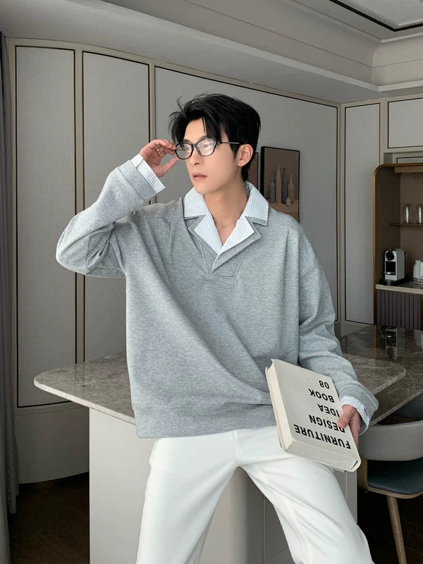 Faux Two-Piece Shirt Collar Sweatshirt 5