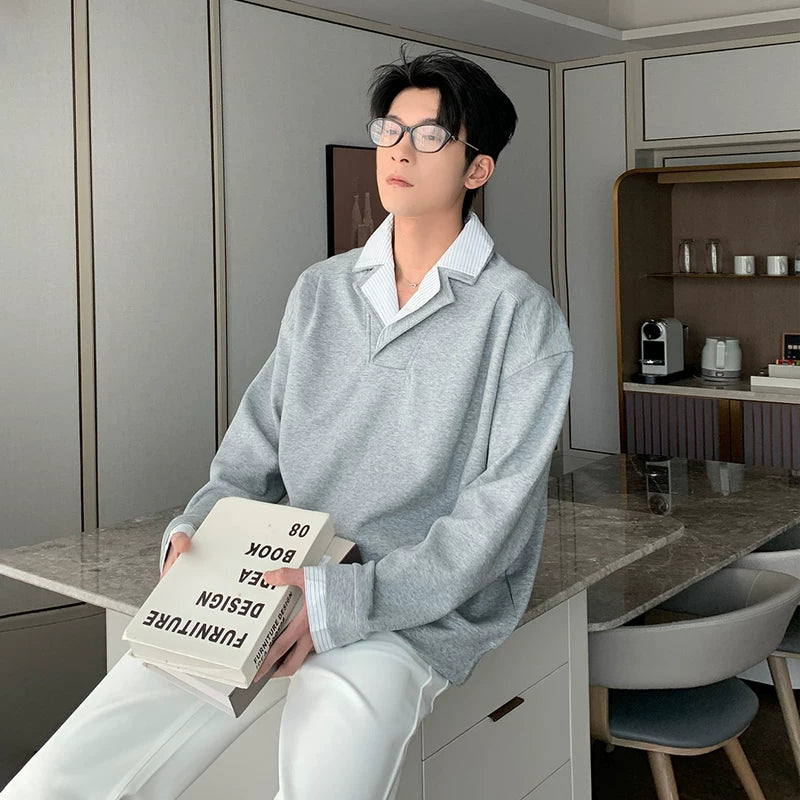 6030418724547,6030418724548,6030418724549,6030418724550, Faux Two-Piece Shirt Collar Sweatshirt