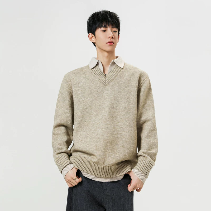 6102644695646,6102644695647,6102644695648,6102644695649, Faux Two-Piece V-Neck Knit Sweater