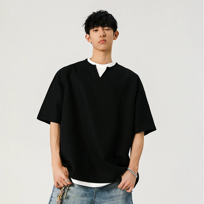 5763535921396,5763535921397,5763535921398,5763535921399,5763535921400, Faux Two-Piece Waffle Knit T-Shirt