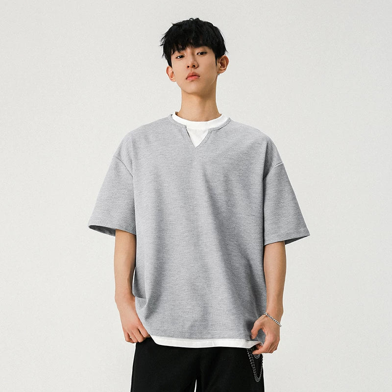 5763535921401,5763535921402,5763535921403,5763535921404,5763535921405, Faux Two-Piece Waffle Knit T-Shirt