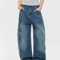 Nakışlı Geniş Paça Düz Jean Pantolon 