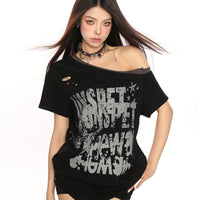 T-shirt Punk Graffiti à épaule dénudée déchirée 