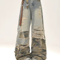 찢어진 카모플라주 패치워크 와이드 레그 팬츠 