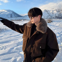 جاكيت صوف مع طوق فرو صناعي 