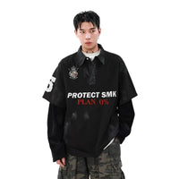 Camisa de Rugby Falsa em Camadas com Efeito Desgastado Retro 