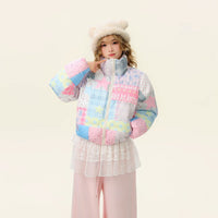 Giacca Puffer a Patchwork a Quadri con Collo Alto 