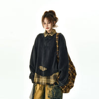 Plaid Splice Distressed Sweatshirt