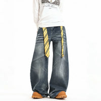 Wide-Leg Washed Denim Casual Pants