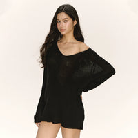 V-yaka Şeffaf Bol Uzun Kollu Kazak 