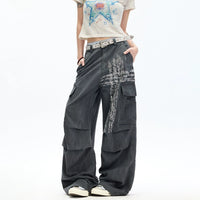 Yıkanmış Geniş Paça Kargo Pantolon, Yazı Baskısı 