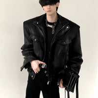 Giacca in pelle motociclista con colletto oversize 