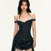 플래드 레이스 트림 드로스트링 서스펜더 드레스 