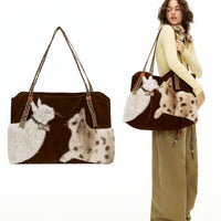 Fluffy Cat Embroidered Faux Fur Tote Bag