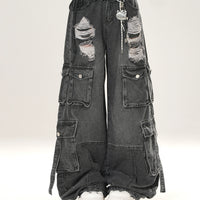 Geniş Paça Yırtık Kargo Jean Pantolon 