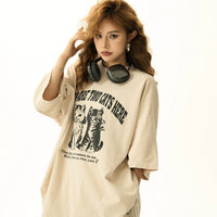 T-shirt surdimensionné avec imprimé de chat rétro usé 