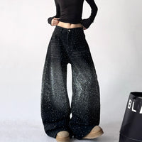 라인스톤 와이드 레그 데님 팬츠 