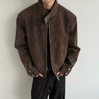 레트로 스탠드 칼라 PU 가죽 재킷 