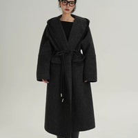 Hooded Wool Wrap Belted Long Coat