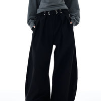 주름 잡힌 스트라이프 와이드 레그 캐주얼 팬츠 