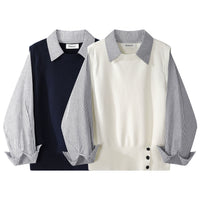 ストライプニットパッチワークシャツセータートップ 