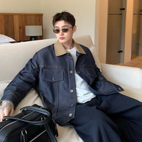 Giacca in denim grezzo con colletto a patchwork 