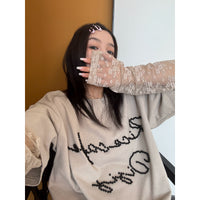 Dantel Kolu Boncuklu Yüksek Yaka Rahat Üst 