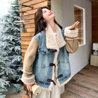 Denim Patoz İşlemeli Sahte Kürk Astarlı Ceket 