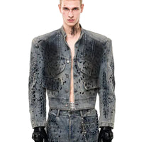 جاكيت دينيم مبطن بياقة Stand Collar من Tire-Print 