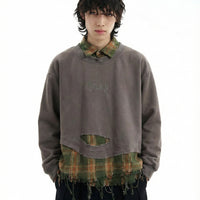 Plaid Patchwork Ripped Sweatshirt