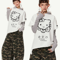 طباعة قطة بأكمام قصيرة غير منتظمة وقبة عالية 