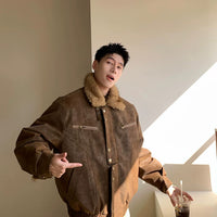 جاكيت بومبر جلد سويدي مع ياقة شيرلينغ عتيق 