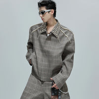 진주 장식 체크 수트 자켓 바지 