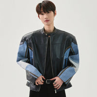 데님 스티칭 PU 가죽 재킷 