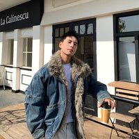 جاكيت شتوي من الدنيم مبطن بالفرو الصناعي 