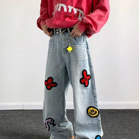 レトロ刺繍ワイドレッグジーンズパンツ 