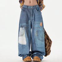 Wide-Leg Patchwork Print Denim Pants