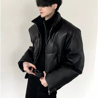 Stand Collar Faux Leather Puffer Jacket