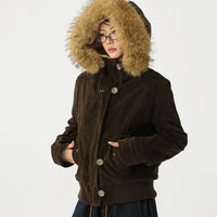 キルティングフェイクスエードフード付きファージャケット 