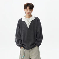 Faux Layered Textured V-Neck Sweatshirt