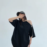 Camisa de Gola Alta Oversized com Bordado e Zíper de Algodão 